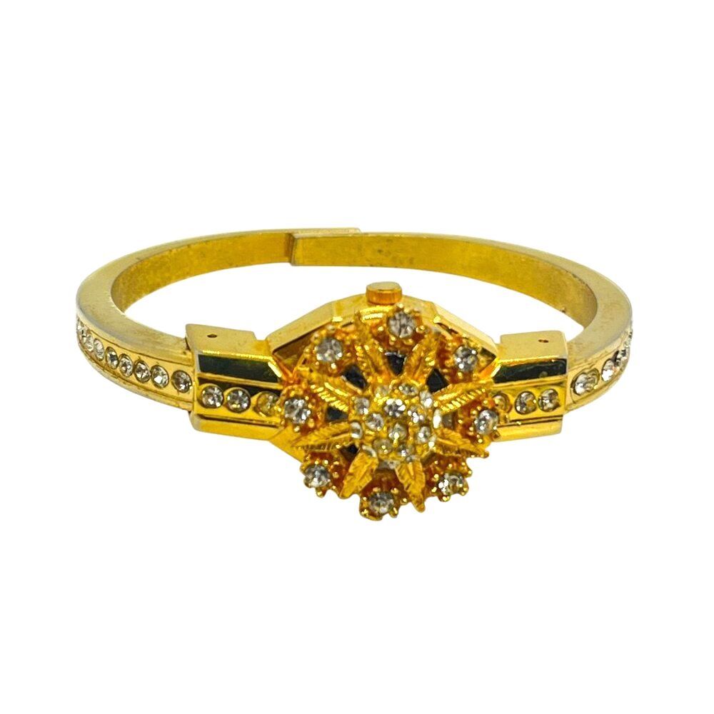 VINTAGE WATCH BRACELET Gold Tone Rhinestone Cuff Bangle Ornate AS IS